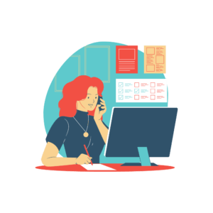 Illustration of woman with phone to her ear sitting at desk with monitor