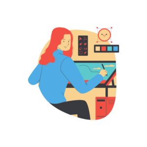 Illustration of woman looking back from her computer with various phone-related icons around her