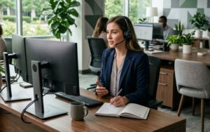 A sales development representative sitting at a desk talking on a headset